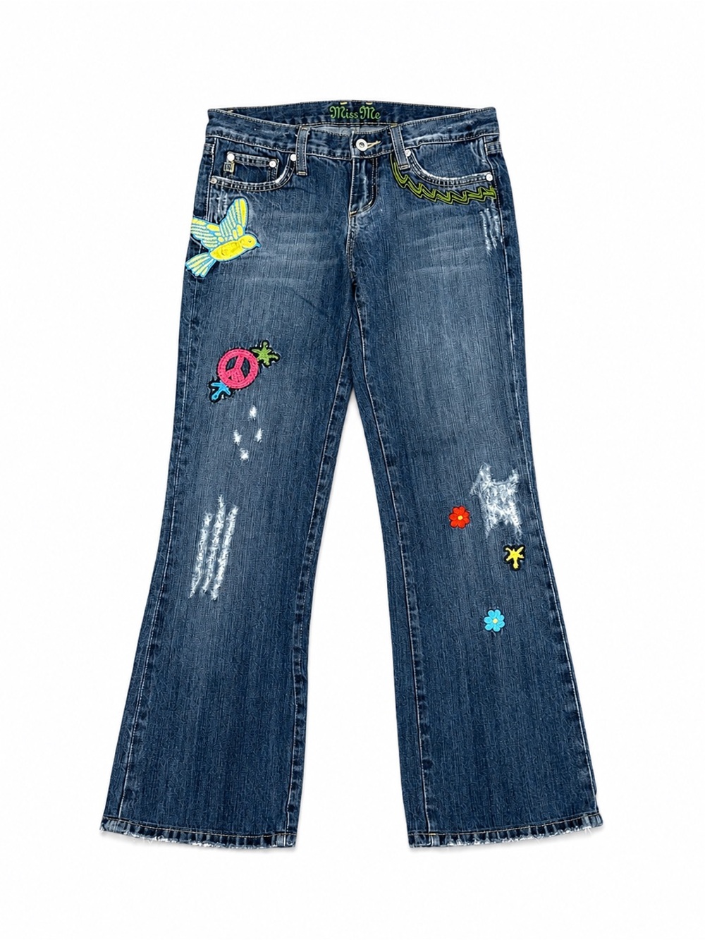 Miss Me Embroidered Distressed Low Rise Butterfly Peace Sign Floral Jeans 28